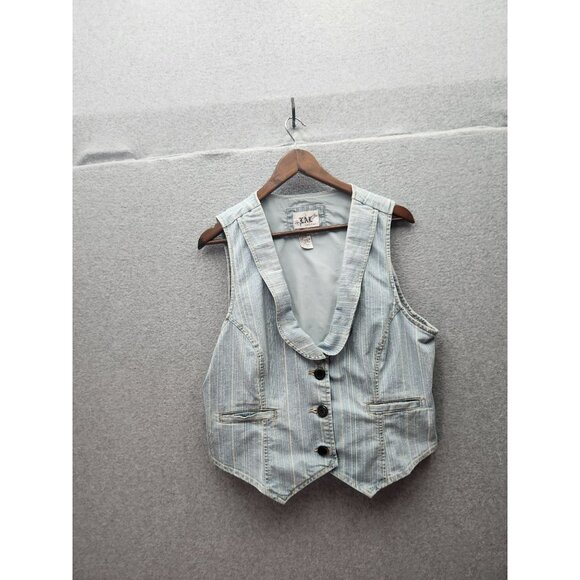 Womens Striped Button-Up Vest By Live A Little Blue & White Adjustable Back Tie - Picture 1 of 4